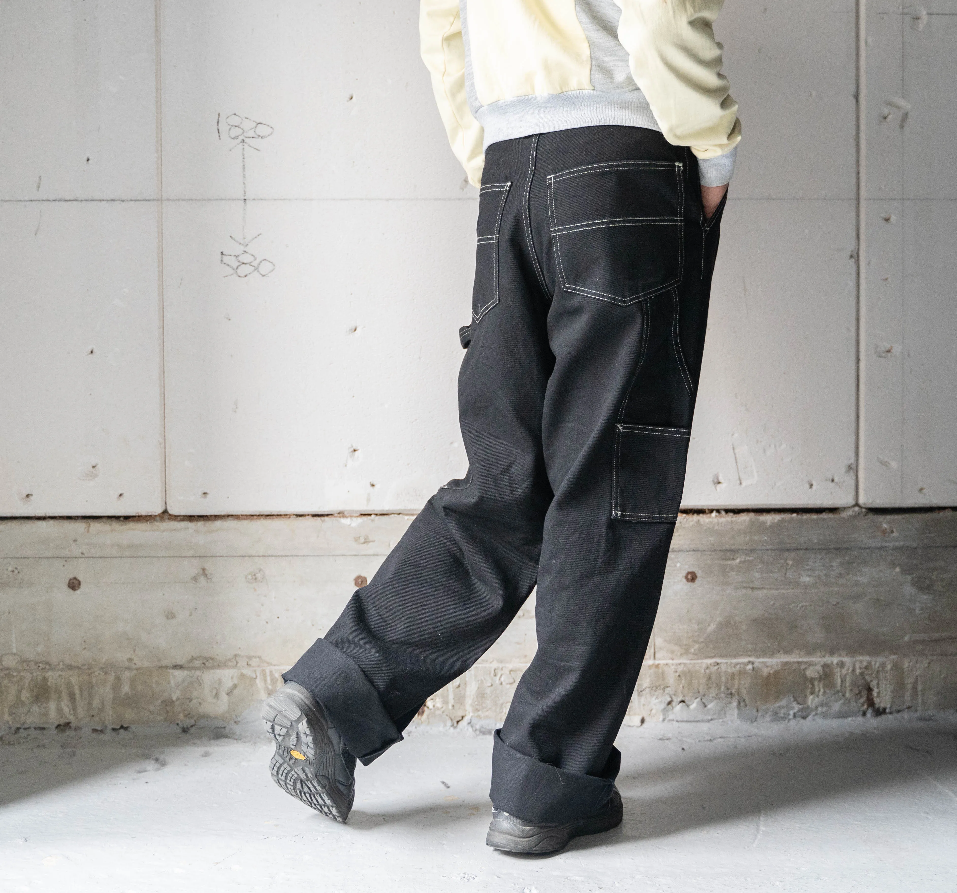 around 2000s "HERE&THERE" black baggy wide work pants -painter type- "dead stock"　